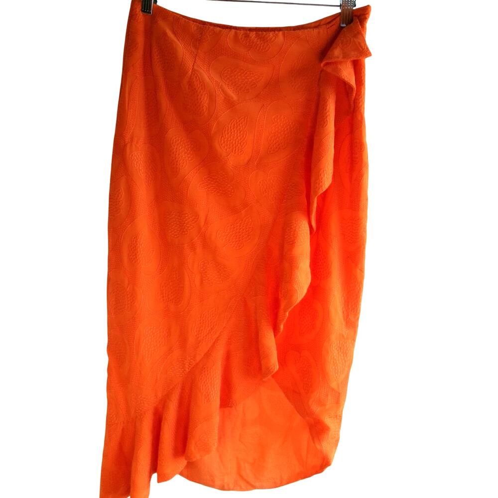 Maeve Anthropologie Orange Textured Ruffle Wrap Midi Skirt Women's Size 14
